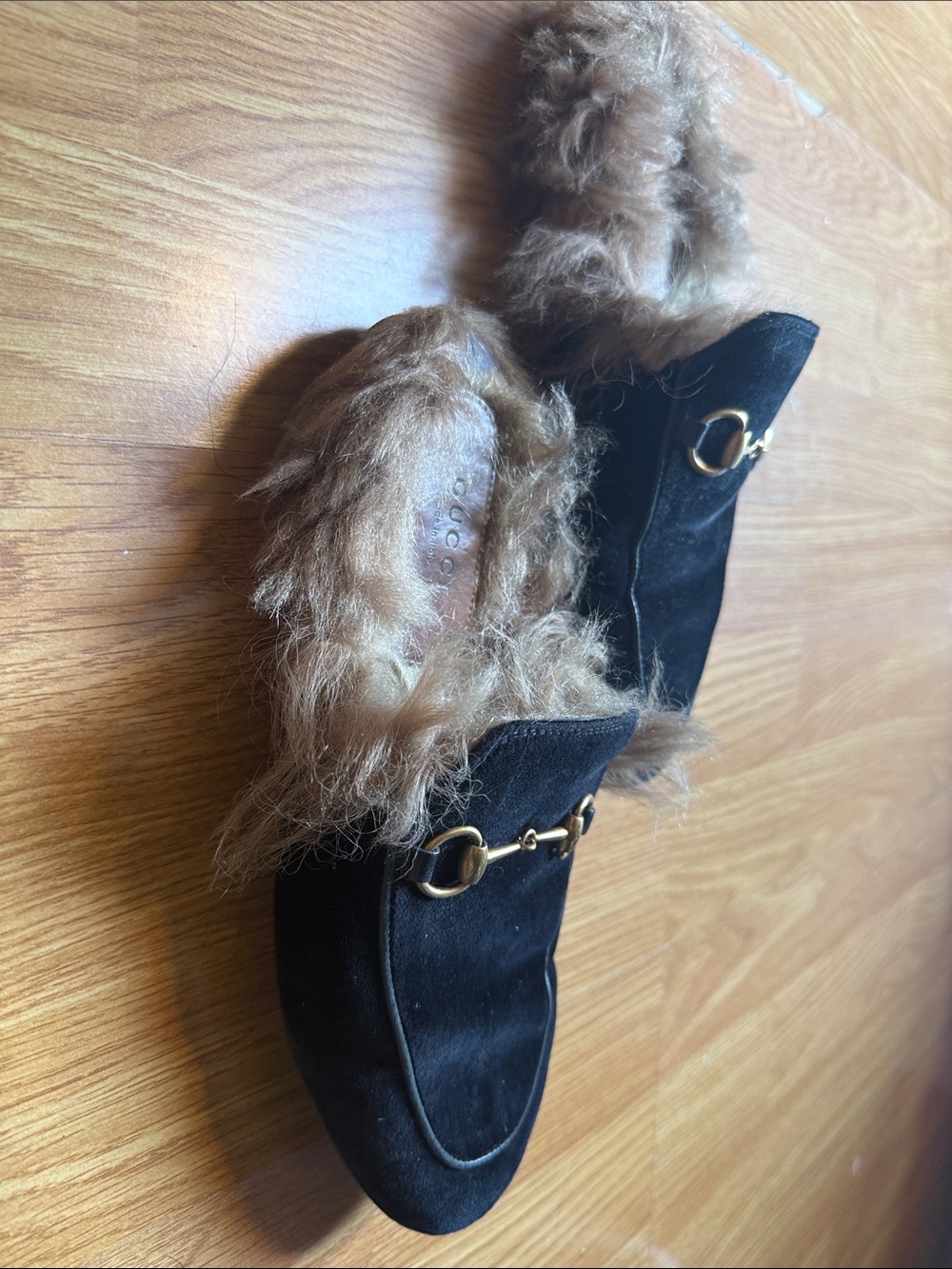 Gucci Black Suede Fur-Lined Horsebit Mules - Picture 6 of 8